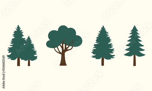 Colorful Trees Icon Set, Collection of stylized evergreen and deciduous trees on a cream background