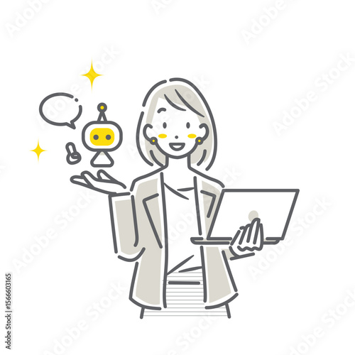 AIを活用して仕事をする若いビジネスパーソン　シンプルでお洒落な線画イラスト