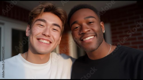 Wallpaper Mural Two multiracial young men share a joyful moment outdoors, smiling and posing in casual attire, enjoying the warm sun Torontodigital.ca