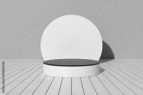 round white podium for product showcase on white background and white wooden floor