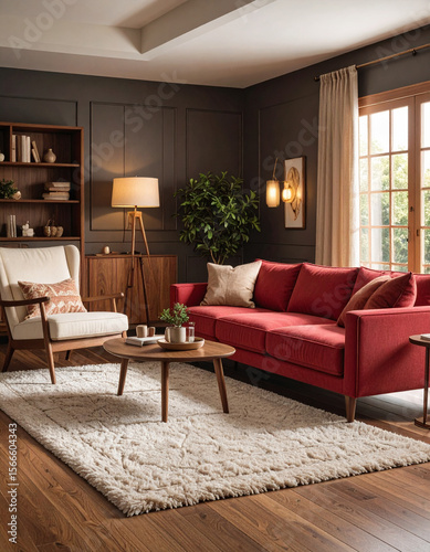 Create a cozy midcentury living room with a red sofa home interior design warm atmosphere inviting space comfort
