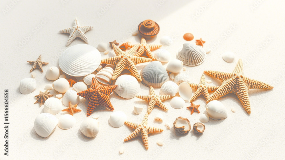 An Aesthetic Flatlay of Seashells and Starfish Arranged on Clean White Sand, Capturing the Calm, Warmth, and Simplicity of a Beachside Moment in Natural Light An Aesthetic Flatlay of Seashells and Starfish Arranged on Clean White Sand, Capturing the Calm, Warmth, and Simplicity of a Beachside Moment in Natural Light