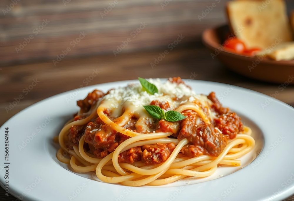 Fototapeta premium Classic spaghetti with rich meat sauce, melted cheese, comfort food, tasty