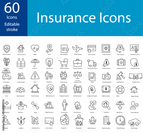 60 Insurance and assurance icon set. Containing healthcare medical, life, car, home, travel insurance icons. Solid icons vector collection