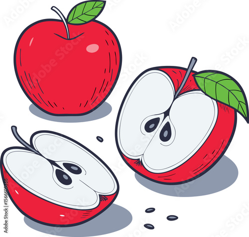 Stylized illustration of a whole red apple and two halves of a red apple with visible seeds and green leaves