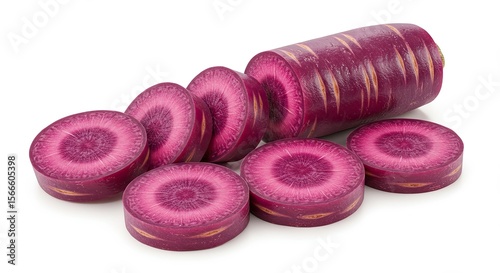 Sliced purple carrots with vibrant color and fresh texture on white backdrop