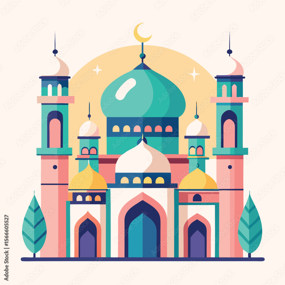 Colorful islamic mosque with crescent moon and stars in a flat design style