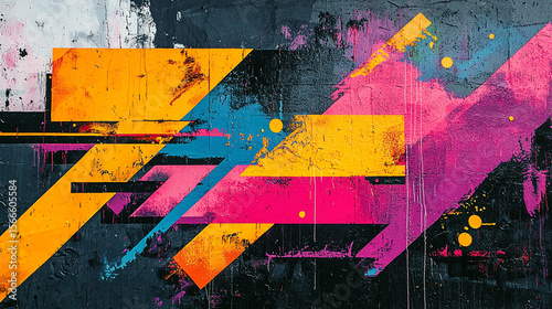 Dynamic abstract artwork bursts with vibrant geometric shapes and expressive paint textures on a dark urban canvas.