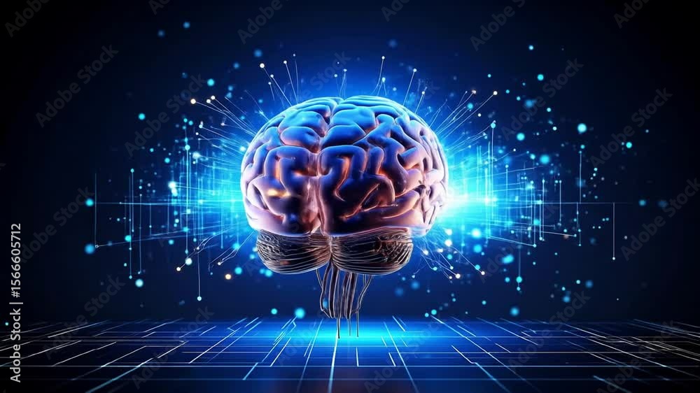 3D illustration of a human brain, highlighted with digital light and network patterns, set against a dark background