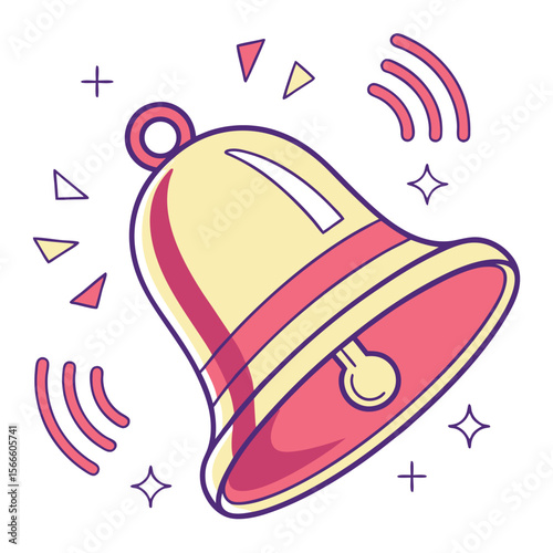 A vibrant stylized illustration of a ringing bell with sound waves and festive geometric shapes on a white background