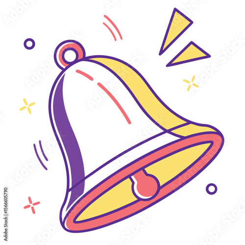 Stylized cartoon bell with purple outline and yellow body ringing with pink accents and sparkles