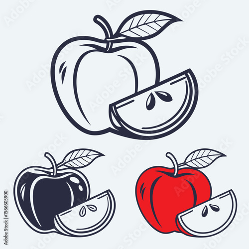 Stylized illustrations of a whole apple and apple slices in different color variations and line art styles