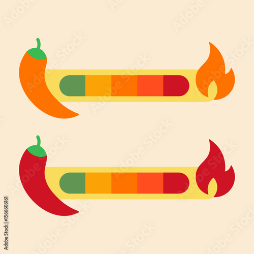 Vector illustration of a spicy food heat meter. Features orange and red chili peppers with a rating scale from mild green to extra hot red, complete with flame icons for menu or graphic design