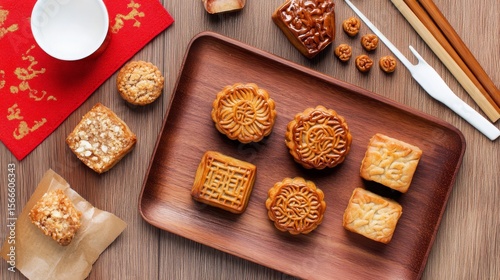 Traditional Chinese mooncake on wooden plate for Mid-Autumn festival 