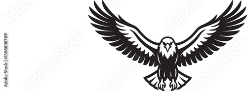 Black and white line art of a majestic bald eagle soaring, with its wings fully extended. The style should be a graphic, high-contrast vector outline isolated on a pure white background