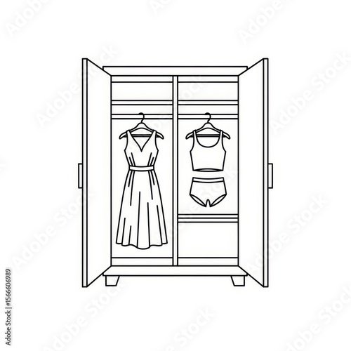 wardrobe with clothes, black and white outline clip art preview