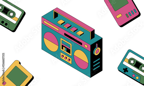 Retro Boombox Radiates Nostalgia Among Cassettes and Handheld Games on White Background, Conceptual Design with 80s Vibe and Isometric View