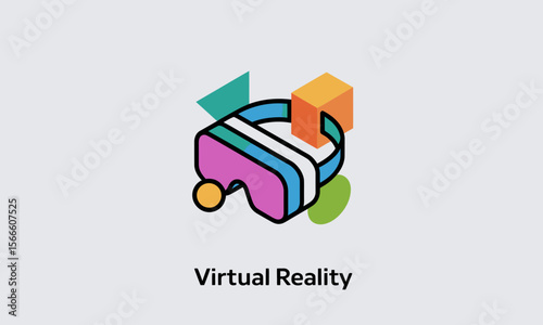 Virtual Reality headset illustration floats with colorful geometric shapes on a light background for a technology concept with copy space.