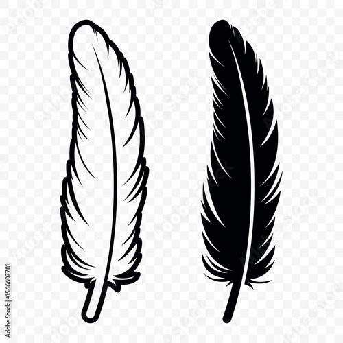 Vector Black and White Fluffy Feather Logo Icons. Silhouette Feather Set Closeup Isolated. Design Template of Flamingo, Angel, Bird Feather. Lightness and Freedom Concept