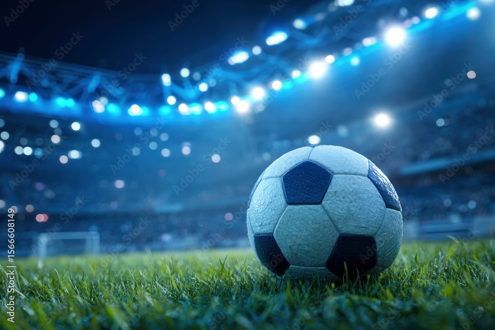 Fototapeta premium Soccer ball on grass stadium lights glow above blurred crowd in the background