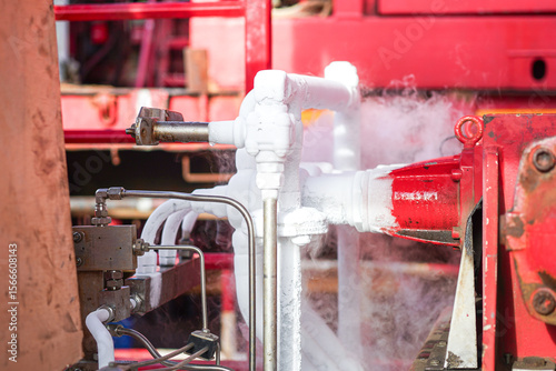 Photos Liquid nitrogen is flowing in rigid pipeline during transfer process