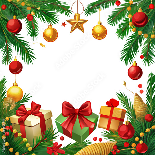 Festive Christmas border with ornaments gifts and pine branches