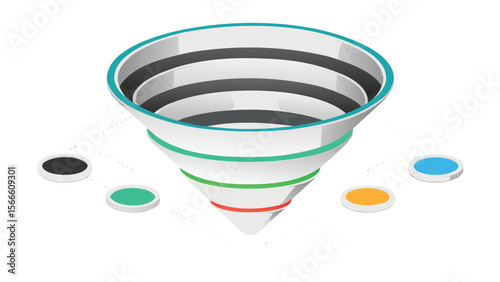 Illustration of a funnel with colored rings and colored circles around it on a white background