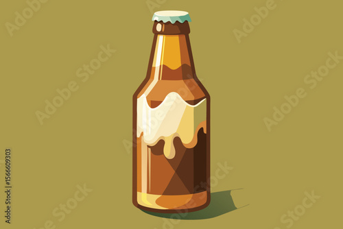 A cold, isolated brown beer bottle and a glass of refreshing lager on a white background