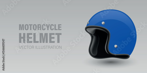 Vector 3D Realistic Blue Classic Vintage Open-Face Motorbike Helmet. Glossy Motorcycle Helmet Design Template for Mockup. Side View. Motorcycle Helmet Icon, Closeup, Isolated