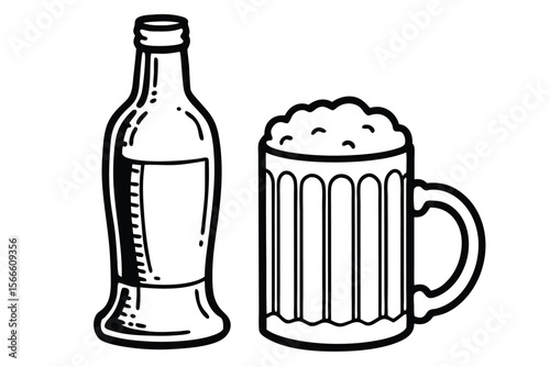 Cold lager or ale beer in a glass and bottle with foam and froth, a refreshing beverage illustration for your pub or bar design