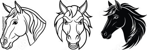 Vector art of three horse heads in different styles isolated on transparent background