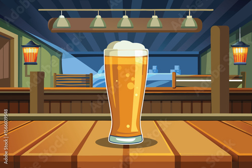 A refreshing cold golden lager in a glass mug with frothy foam, perfect for a pub party