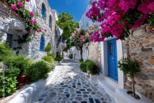 Colorful flowers lining a cobblestone street in a charming Mediterranean village
