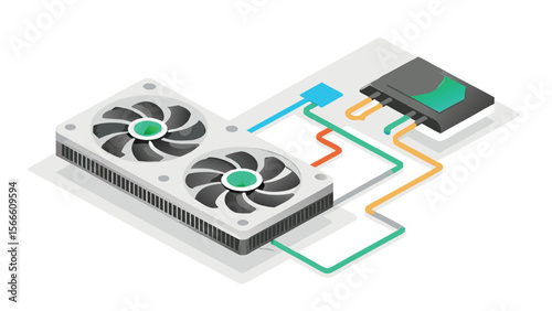 Isometric illustration of a cooling system with two fans and connected colored wires to a chip