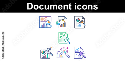 Document analysis icons with charts and magnifying glasses graphs