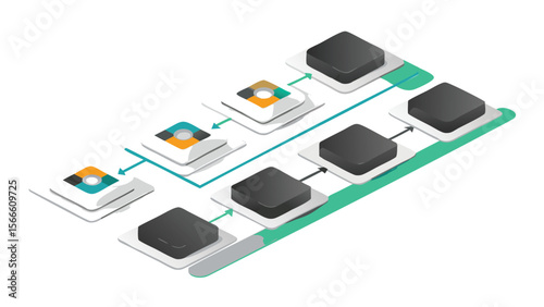 Isometric diagram showing a process flow with square elements and connecting arrow lines
