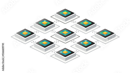 Isometric network of connected servers with glowing square cores arranged in a diamond formation on white background
