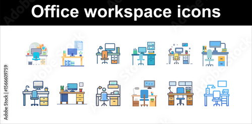 Office desk setups computer workstation icons vector