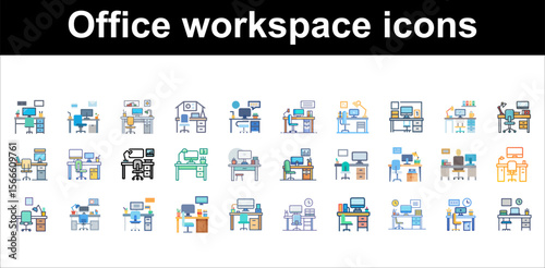 Colorful office desk setups with computers and chairs workspace