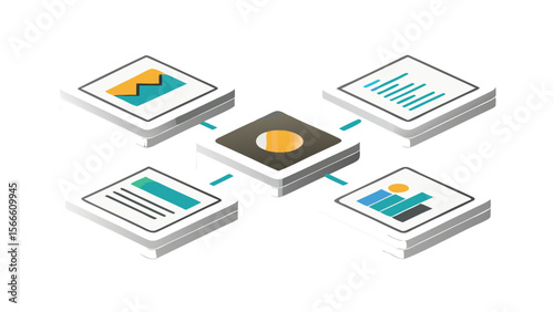 Isometric view of data connection with central node and document representations showing information