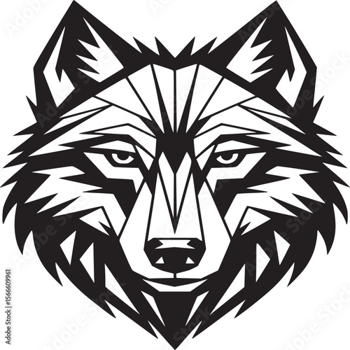 Wolf head logo design vector illustration animal predator canine black and white tribal tattoo style art on transparent background