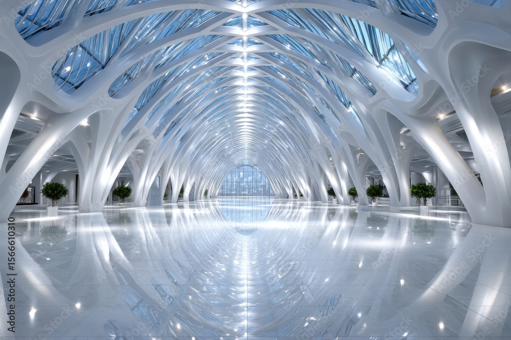 Fototapeta premium Modern architectural interior with a futuristic design and bright lighting at noon