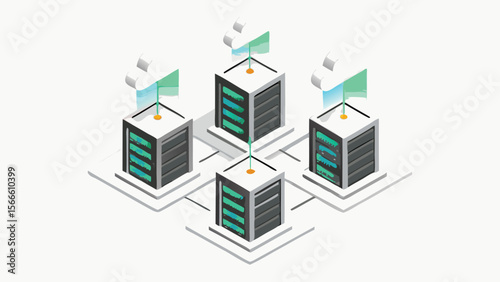 Isometric view of four server racks connected with cloud icons on top in a network setup