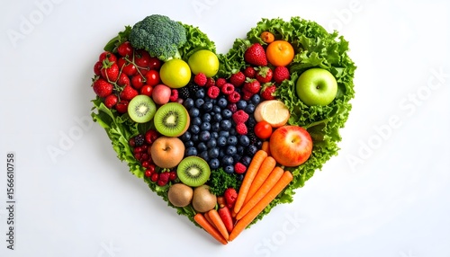 Assorted Fruits and Vegetables Arranged in a Heart Symbol for Healthy Living
