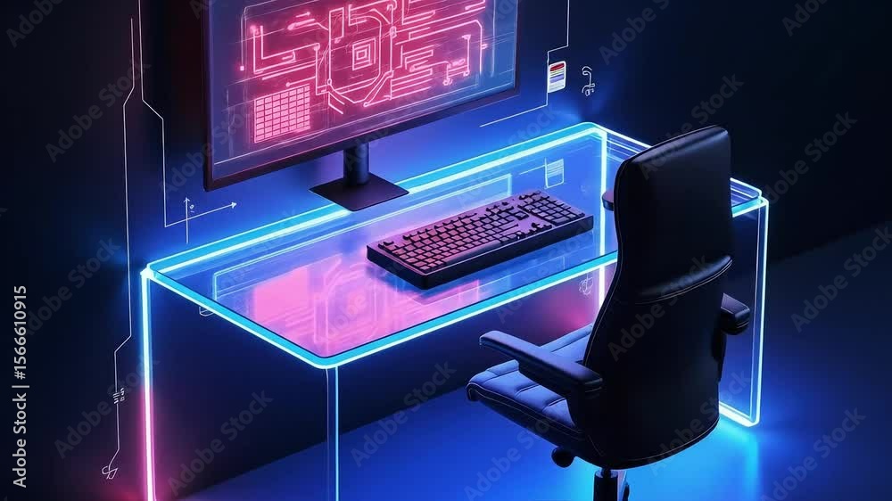 Futuristic Neon Computer Desk Setup — Modern Minimalist Workspace