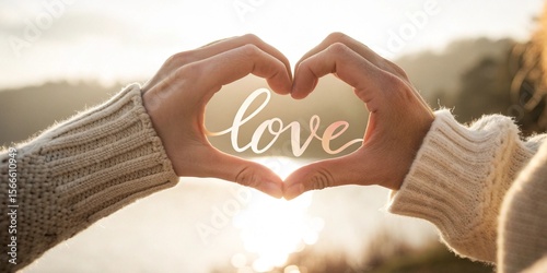 Close-up of Hands Forming Hearts and the Word Love, Beige Sweater, Soft Lighting