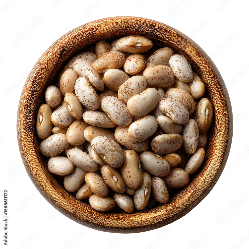 Obraz premium Pinto beans in wooden bowl close up for food and healthy eating concept isolated on transprint background