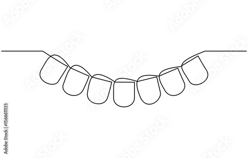 Continuous line art drawing buntings garland. Celebration party hand drawn flags, One line party garland sketch, Hand drawn vector illustration.
