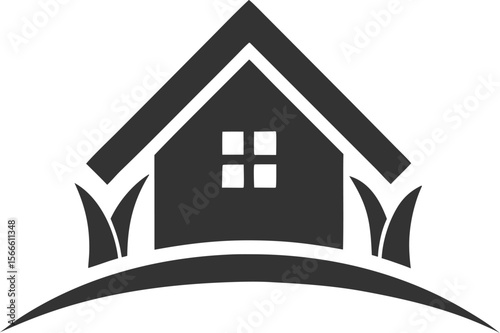 Simple Gray House Icon with Four Windows and Grassy Base on White Background Home Sweet Home Real Estate Symbol
