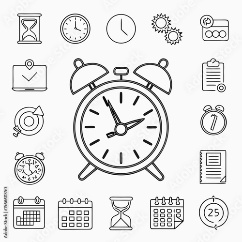 Alarm clock calendar hourglass gears laptop notebook